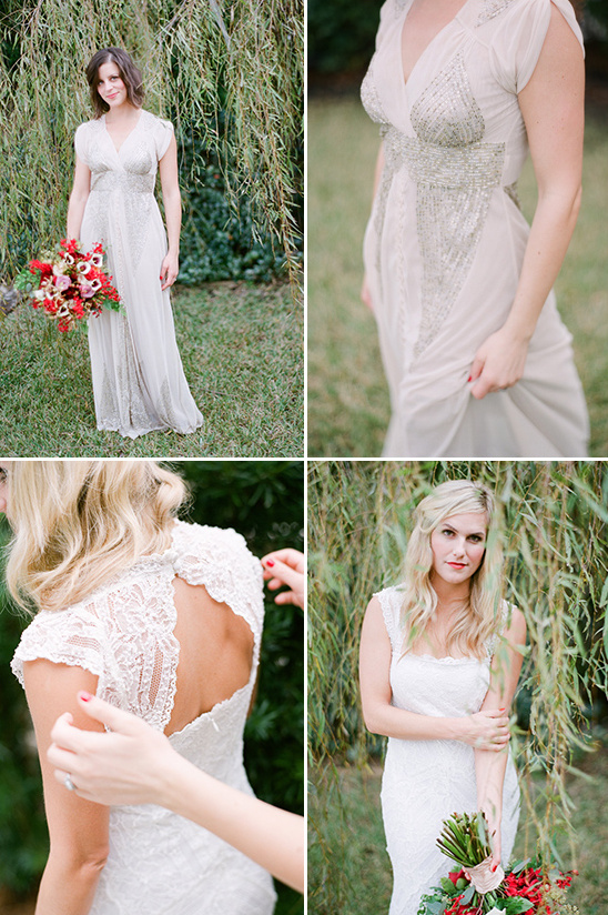 Elegant bride in lace wedding dress holds floral bouquet outdoors