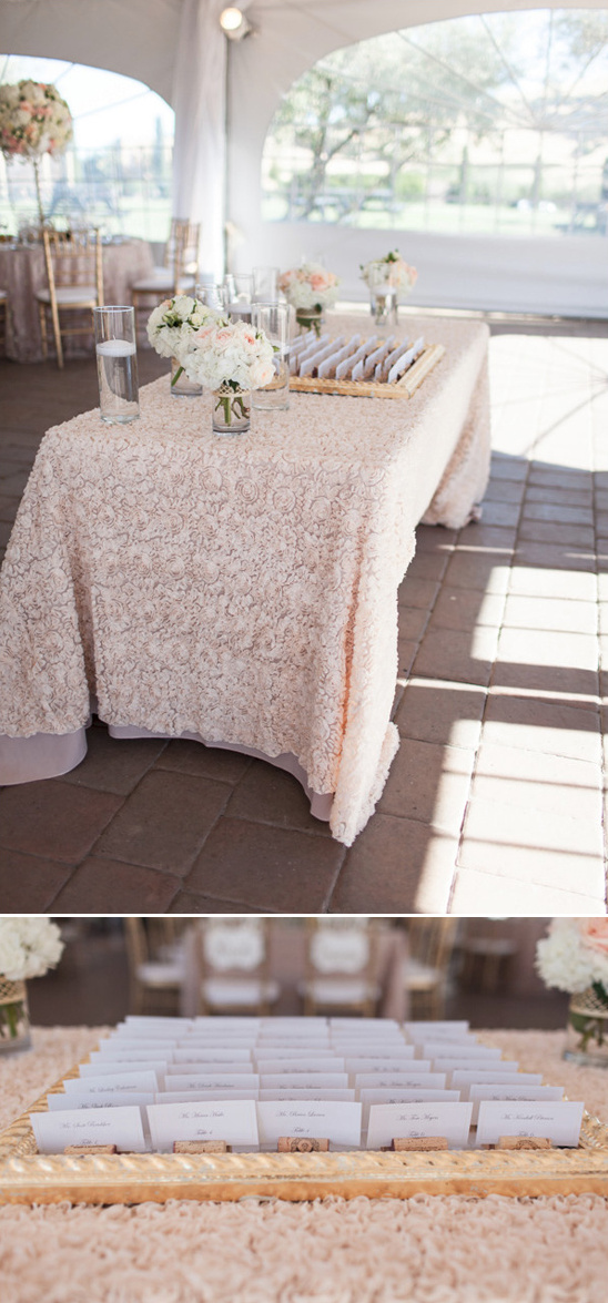 welcome and escort card table with frilly tablecloth