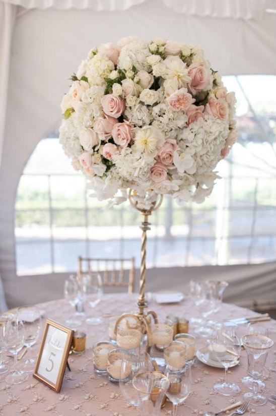 gorgeous tall pink white and gold floral centerpiece and framed table number