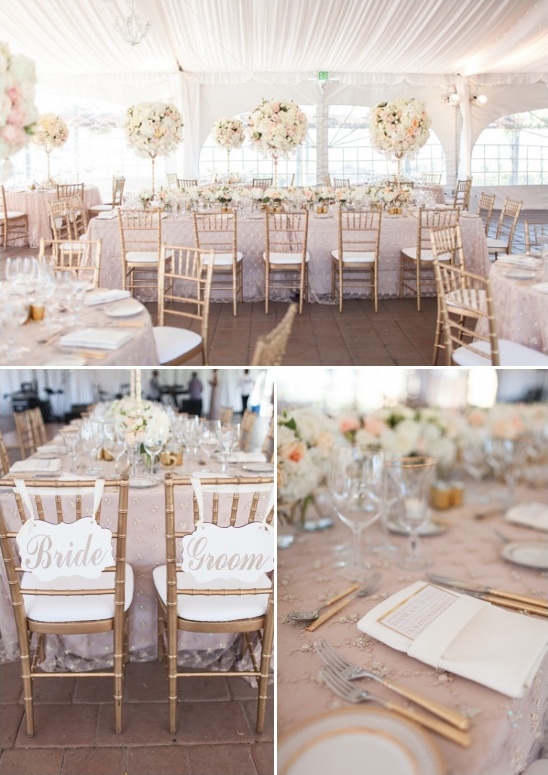 glamorous tent reception decked out in amazing florals plus fun bride and groom seat signs