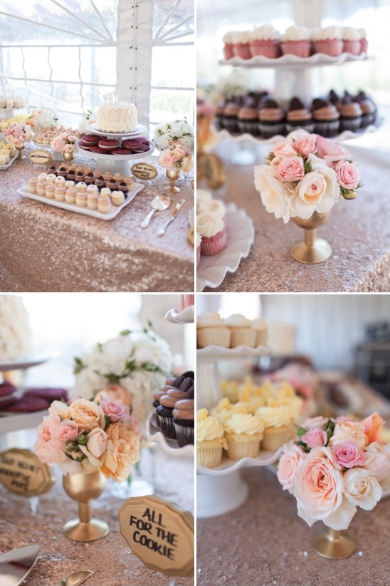 copper sequin tablecloth dessert table with oodles of sweets
