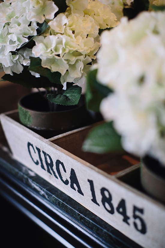 Circa 1845 box with white hydrangeas inside