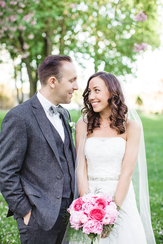 Happy bride and groom on their wedding day outdoors