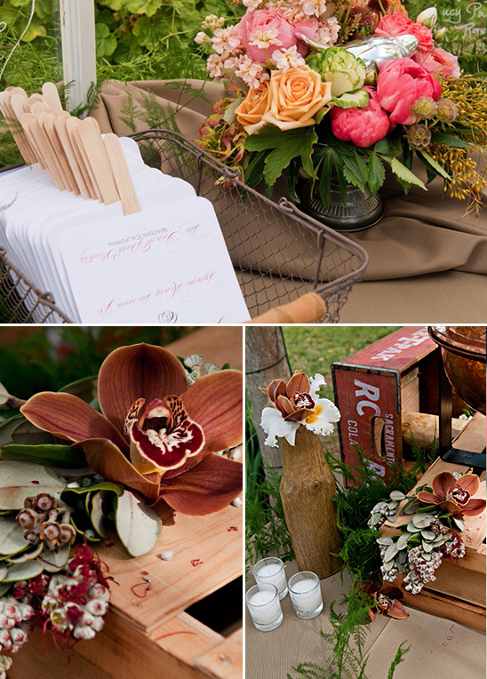 Rustic wedding floral decorations program fans vintage crate