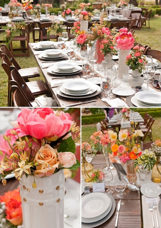 Outdoor wedding table decor with pink and orange flowers