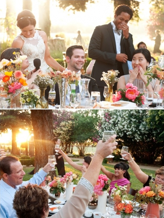 Outdoor wedding reception guests enjoy toasts and speeches