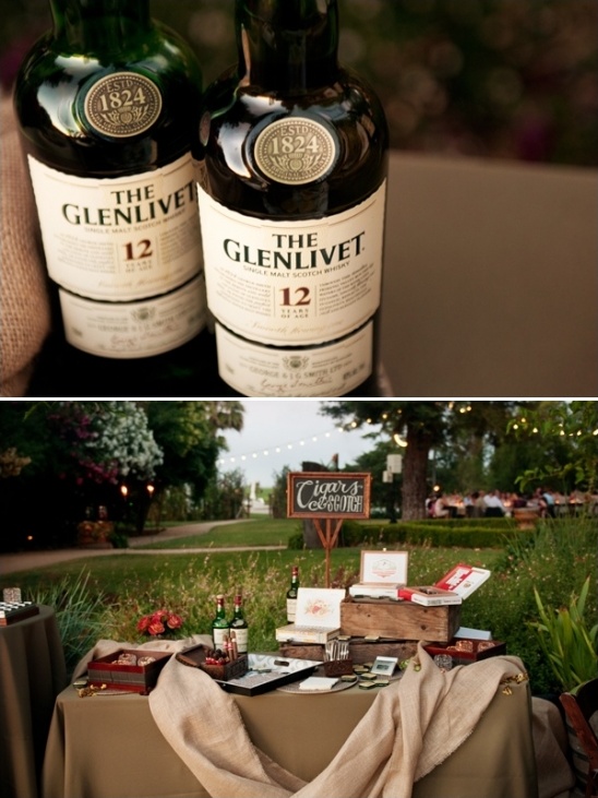 Outdoor cigar and whisky station with Glenlivet bottles
