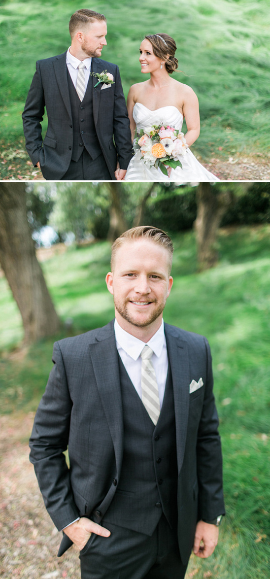 charcoal gray suit and champagne striped tie groom