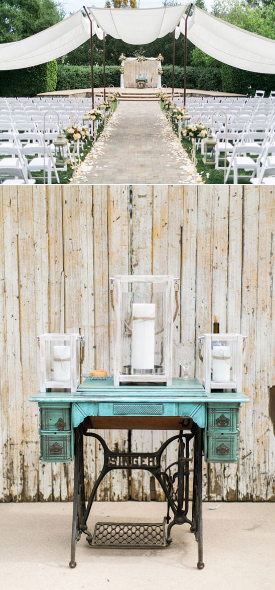 Wedding aisle decor and vintage sewing machine table