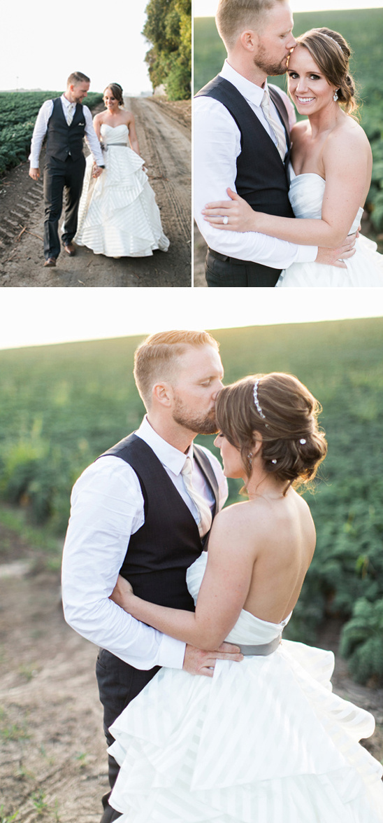 Happy bride and groom embrace outdoors wedding day