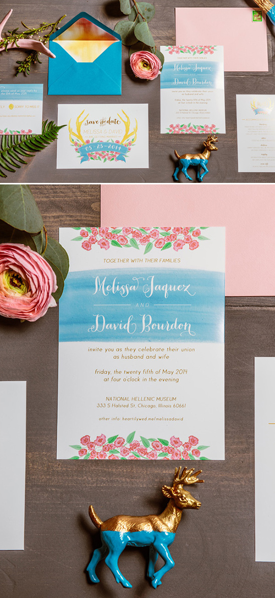 bright bold pink yellow and blue wedding stationery