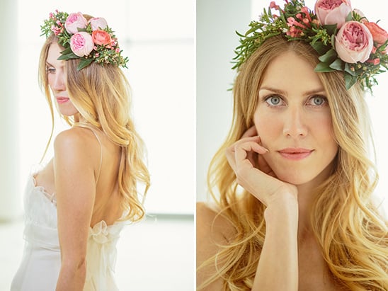 pink floral crown and soft curls wedding hair