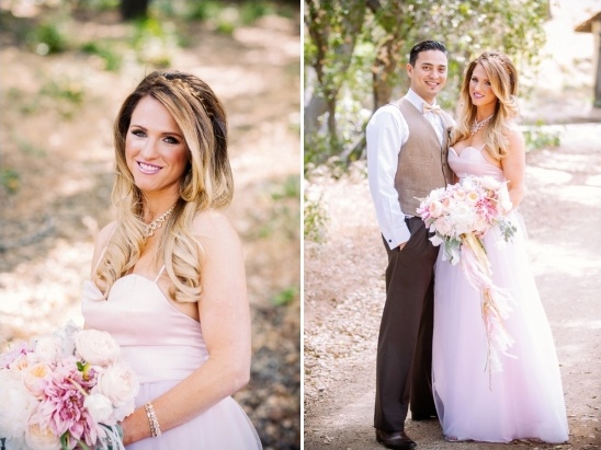 pink wedding dress and tan white and black groom look