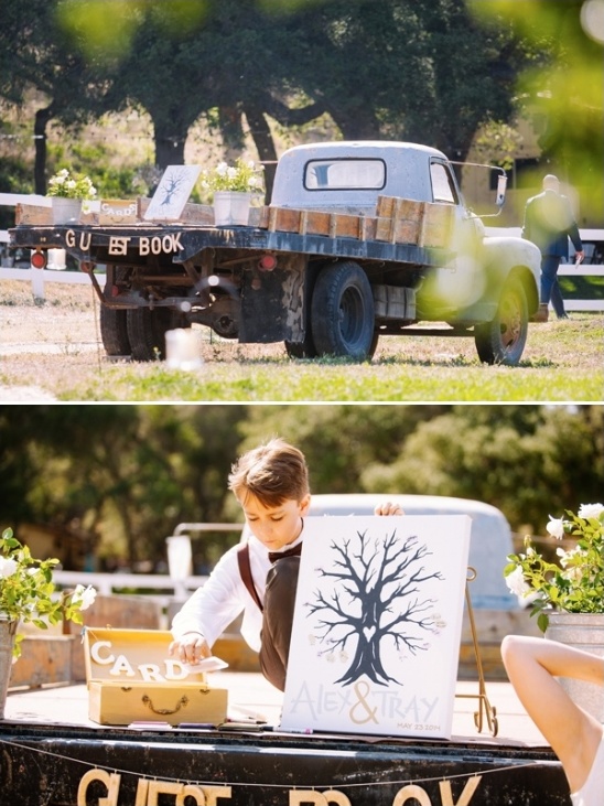 truck bed guetsbook table with cute thumbprint tree