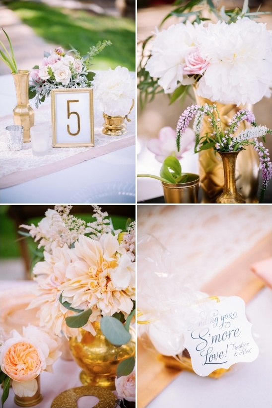 pink peach and gold reception decor and cute sending you smore love smore favor