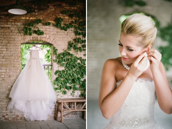 Bride getting ready wedding dress brick wall background