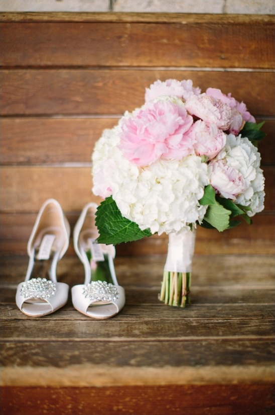 sparkly wedding shoes and hydrangea and peony bouquet