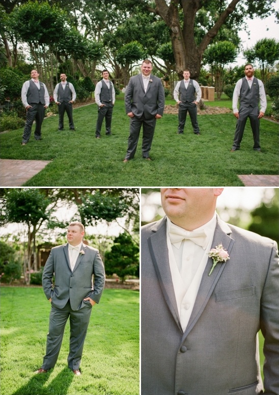 Groom and groomsmen in grey suits outdoor wedding attire