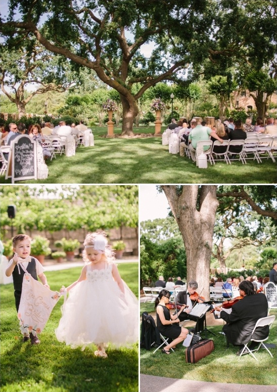 Outdoor wedding ceremony with kids and string quartet
