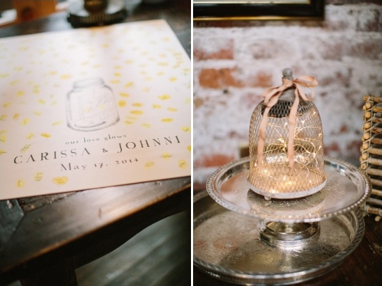 Wedding invitation card and mason jar lights centerpiece