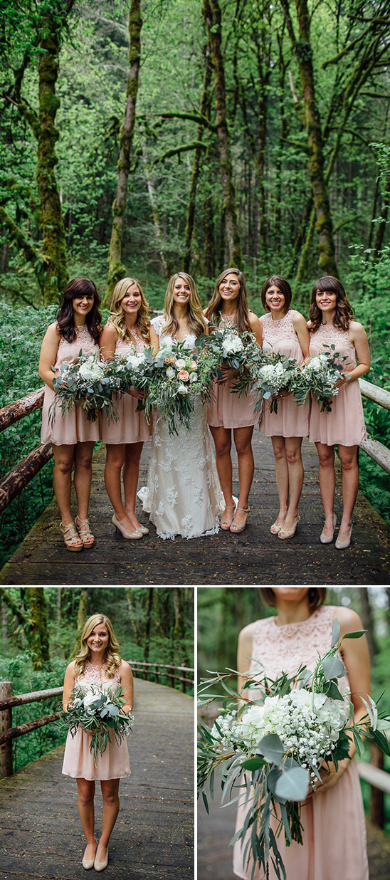 pink bridesmaids dresses and loose bouquets
