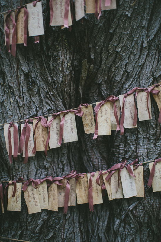 coffee stain ribbon hung escort cards