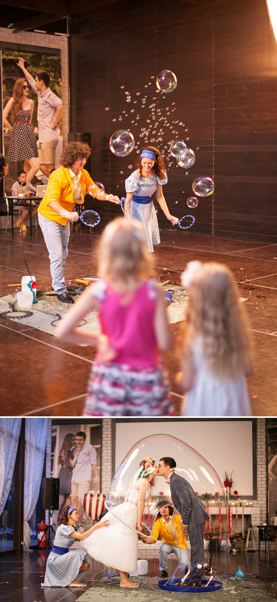 Bubble stage show with giant bubbles couple and children