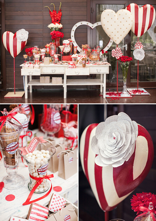 Romantic red and white candy bar for wedding party