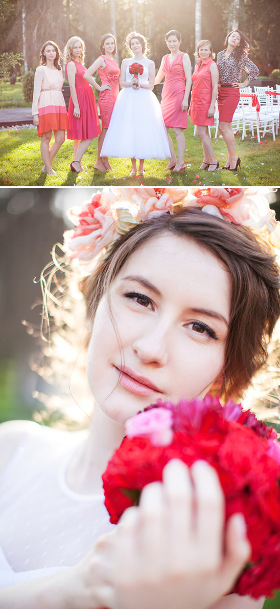 Bride and bridesmaids in pink dresses outdoor wedding