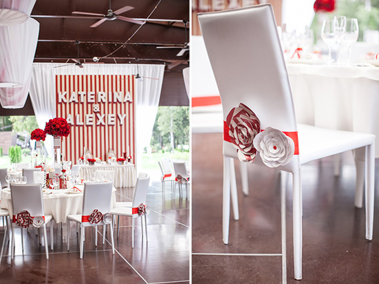 Red and white floral wedding chair decor reception