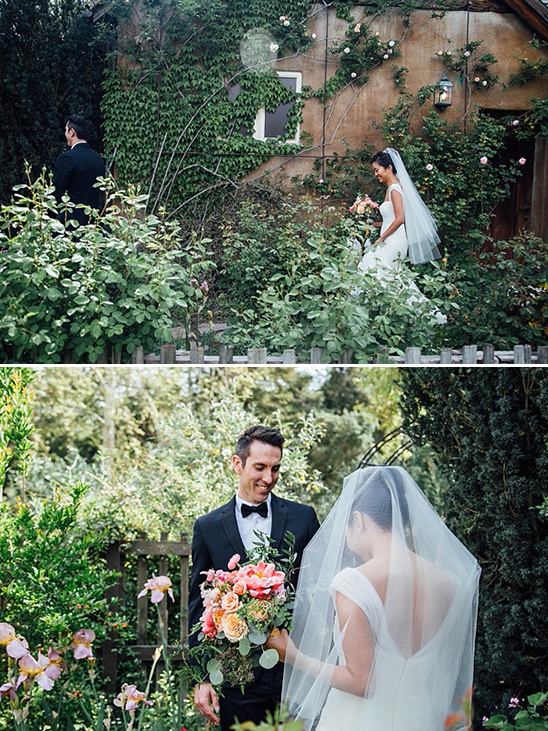 Bride and groom meeting in a garden wedding setting