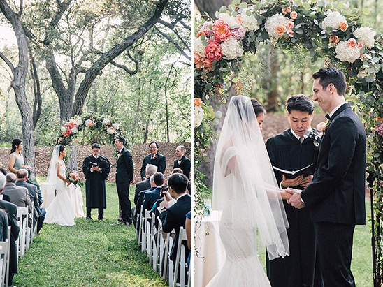 Outdoor wedding ceremony with bride and groom under arch