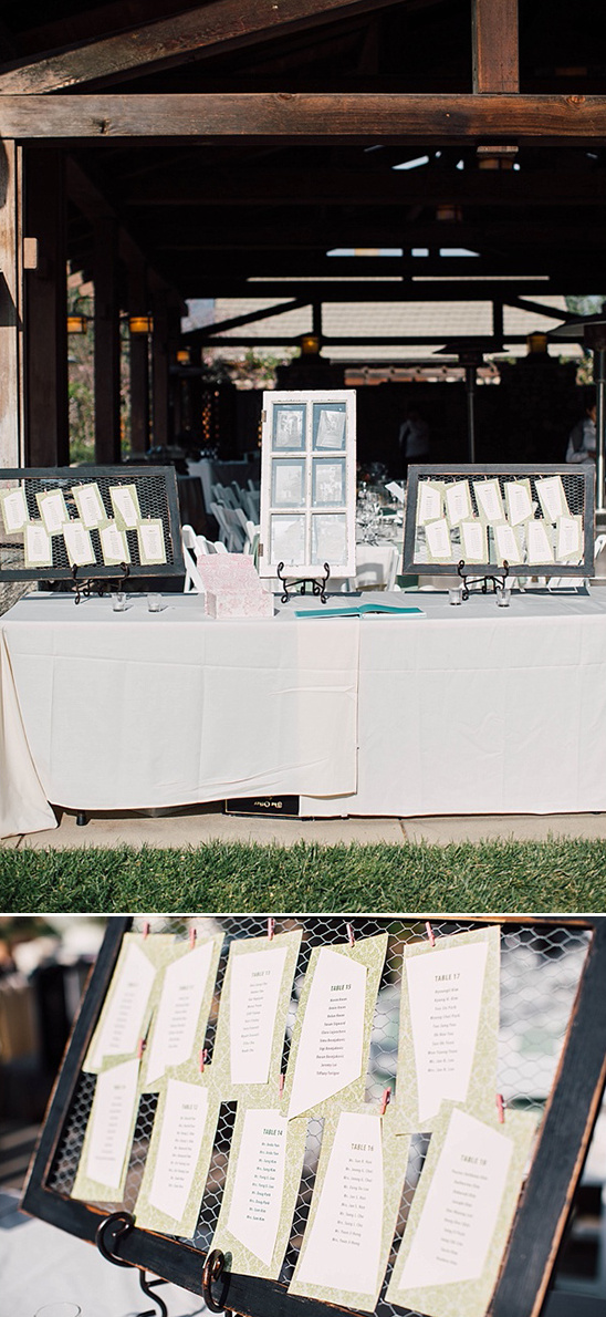 Wedding reception table with seating chart displays