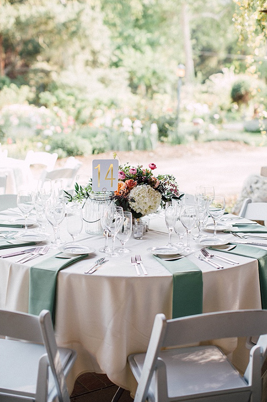 Wedding reception table setting with floral centerpiece