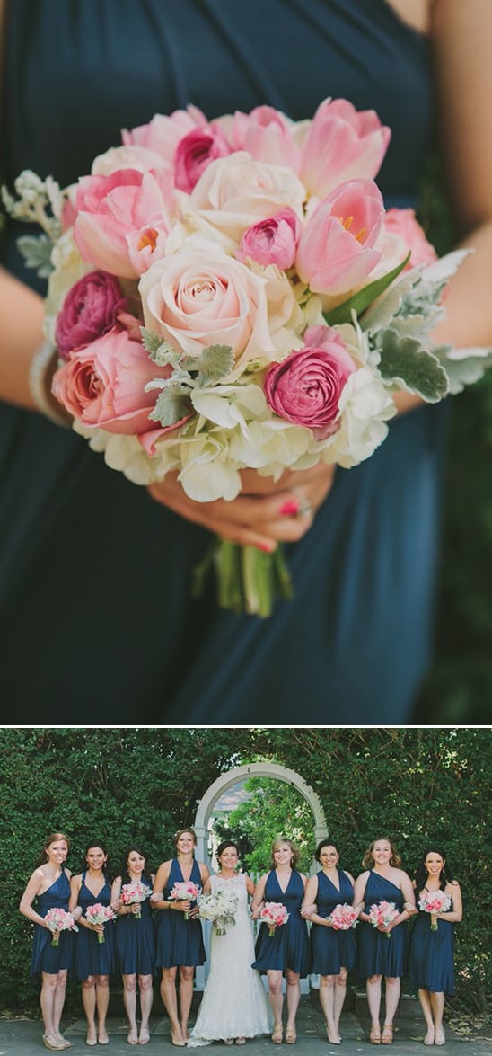 navy bridesmaids with pink bouquets