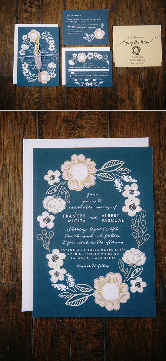 blue and pink floral wedding stationery