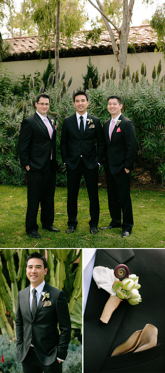 classic black groomsmen look with pink accents