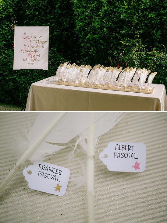 gold dipped feathers for escort cards