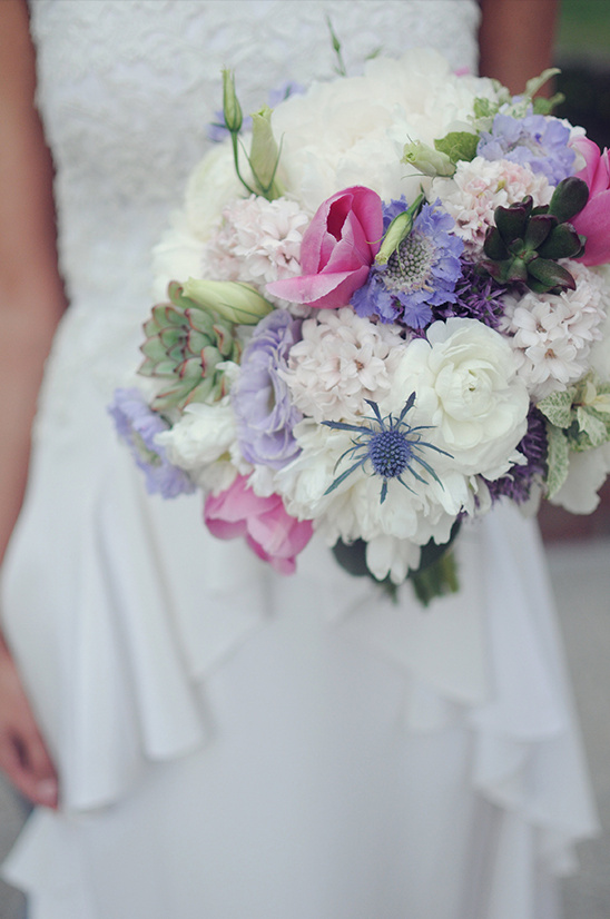 white and purple wedding floral bouquet