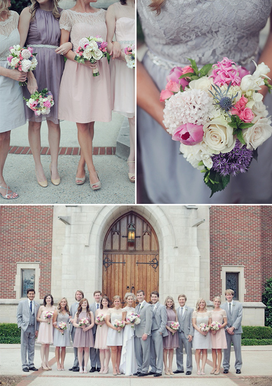 pink purple and grey wedding attire