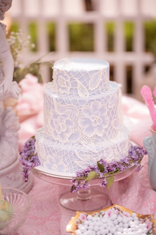 purple and faux lace wedding cake