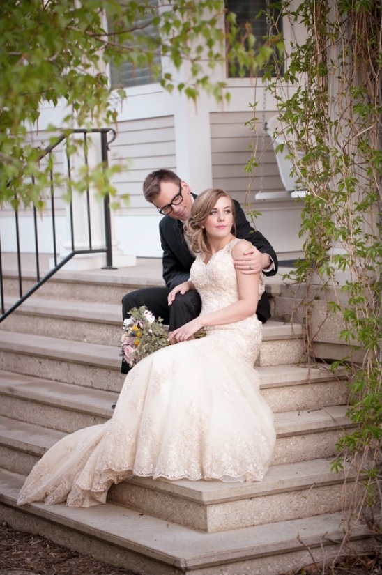 lace accented champagne colored wedding dress