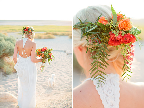 Bride in white dress with floral crown and bouquet