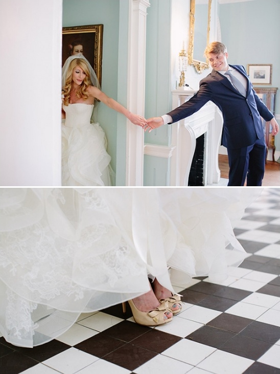 Wedding day bride and groom first look holding hands