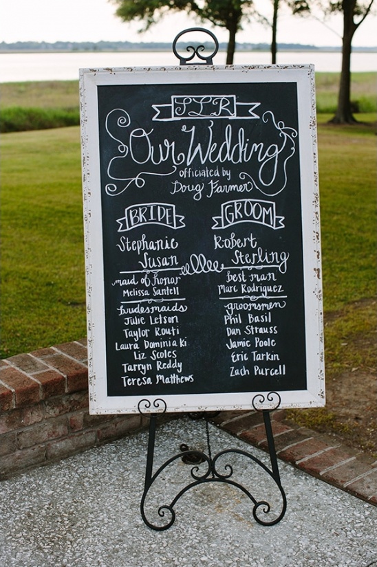 Handwritten wedding party sign on chalkboard easel