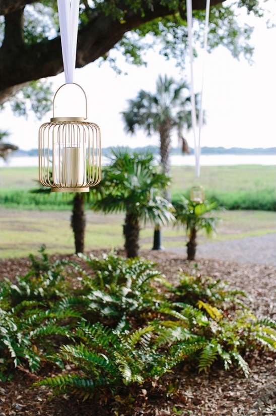 Outdoor garden scene with hanging gold lantern and ferns