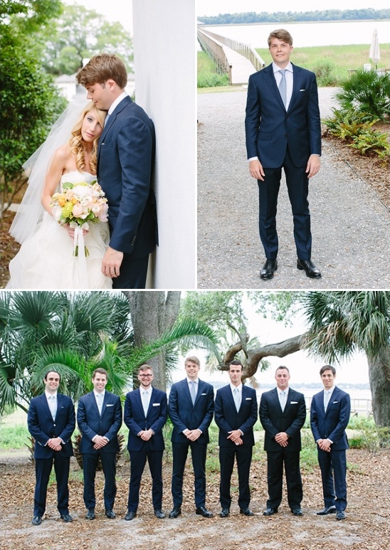 Outdoor wedding party groom bride groomsmen navy suits