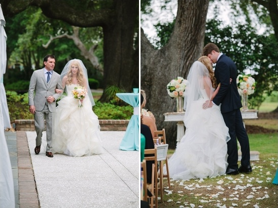 Wedding ceremony bride with father and groom kissing