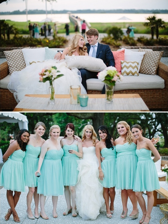 Bride and groom with bridesmaids in light green dresses