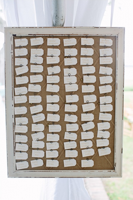 Wedding seating chart with escort cards in rustic frame